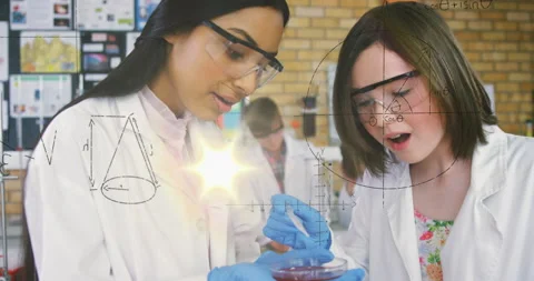 Student adding pipette drops and child stirring mixture in lab, with animated Stock Footage 316191197