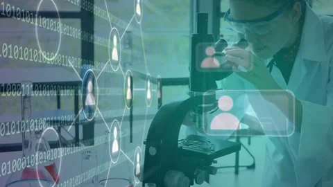 Student adjusting focus on lab microscope as binary overlay moving over scope, Video stock 335761926