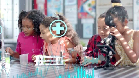 Student adjusting microscope initiating turquoise icons while classmates pouring 動画素材 333950048