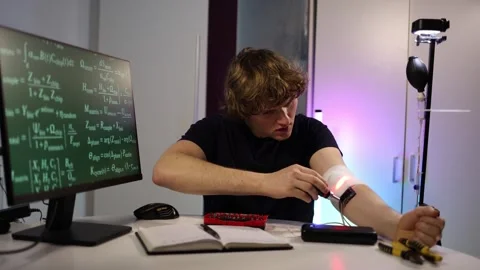 Student adjusts glowing device during home experiment Stock Footage 323270884