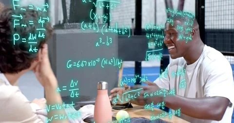 Student athletes discussing physics education, generating neon-green formulas Stock Footage 319781689