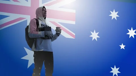 A student with a backpack and books in the background The flag of Australia 動画素材 241324730