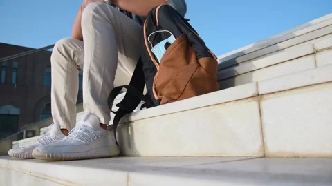 Student with backpack and face mask. Stock Footage 142740828