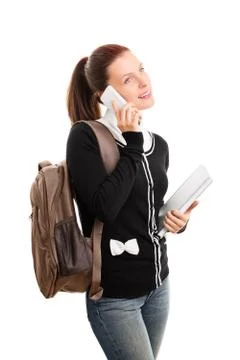 Student with backpack and notepad talking on the phone Stock Photos