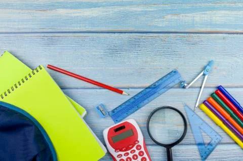 Student backpack and various school supplies, studing, education and back to  Stock Photos