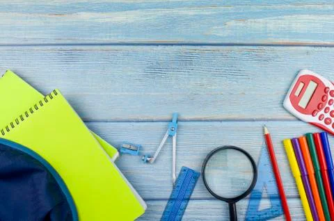 Student backpack and various school supplies, studing, education and back to  Stock Photos