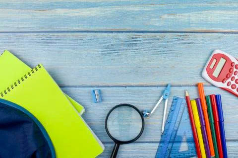 Student backpack and various school supplies, studing, education and back to  Stock Photos