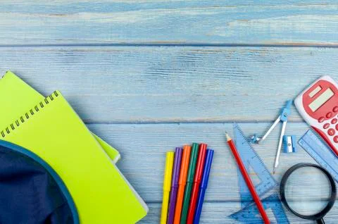Student backpack and various school supplies, studing, education and back to  Stock Photos