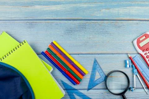 Student backpack and various school supplies, studing, education and back to  Stock Photos