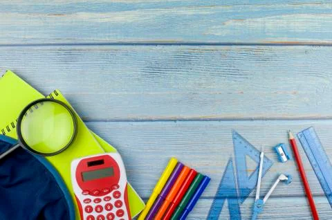 Student backpack and various school supplies, studing, education and back to  Stock Photos