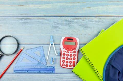 Student backpack and various school supplies, studing, education and back to  Stock Photos
