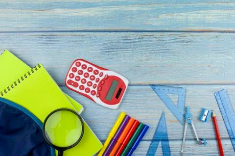 Student backpack and various school supplies, studing, education and back to  Stock Photos