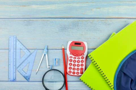 Student backpack and various school supplies, studing, education and back to  Stock Photos