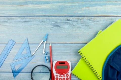 Student backpack and various school supplies, studing, education and back to  Stock Photos