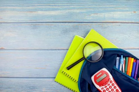 Student backpack and various school supplies, studing, education and back to  Stock Photos