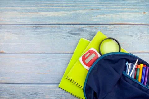 Student backpack and various school supplies, studing, education and back to  Stock Photos