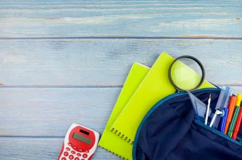 Student backpack and various school supplies, studing, education and back to  Stock Photos