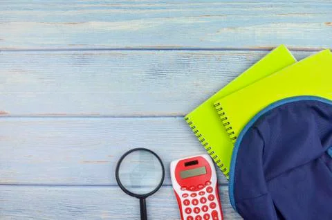 Student backpack and various school supplies, studing, education and back to  Stock Photos