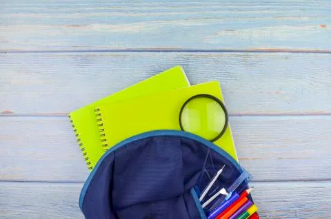 Student backpack and various school supplies, studing, education and back to  Stock Photos