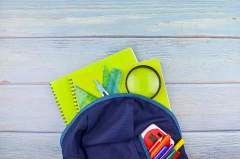 Student backpack and various school supplies, studing, education and back to  Stock Photos