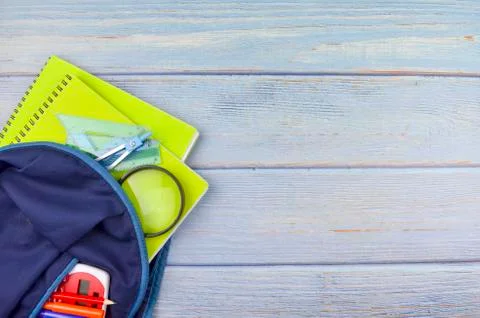 Student backpack and various school supplies, studing, education and back to  Stock Photos