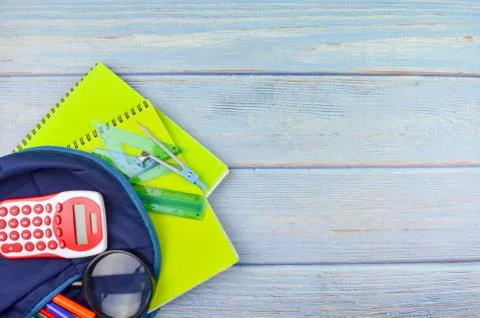 Student backpack and various school supplies, studing, education and back to  Stock Photos
