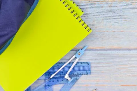 Student backpack and various school supplies, studing, education and back to  Stock Photos
