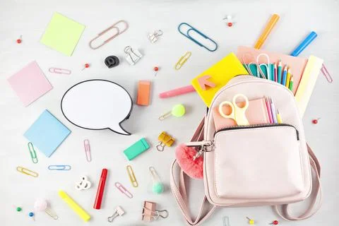 Student backpack and various school supplies. Studing, education and back t.. Stock Photos