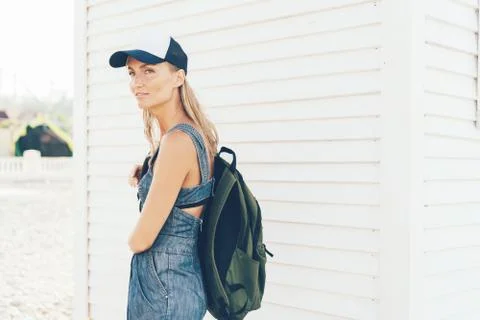A student with a backpack turned back. Foto stock