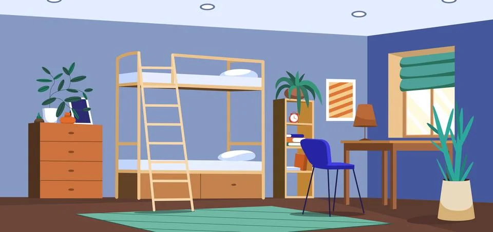 Student bedroom in dormitory with bunk bed, desk and chair Stock Illustration