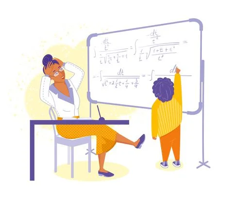 The student at the blackboard solves the problem, the teacher in shock Stock Illustration