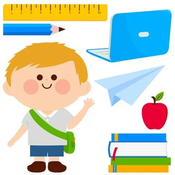 Student boy and set of school objects. Vector illustration Stock Illustration