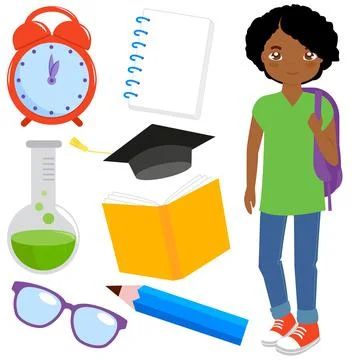 Student boy and set of school objects. Vector illustration Stock Illustration