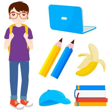 Student boy and set of school objects. Vector illustration Stock Illustration