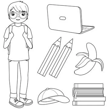 Student boy and set of school objects. Vector black and white coloring page Stock Illustration