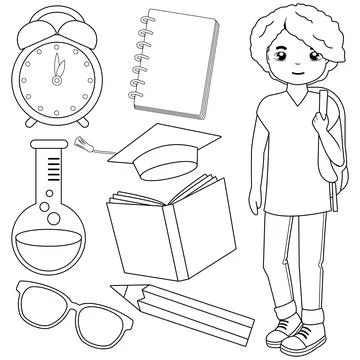 Student boy and set of school objects. Vector black and white coloring page Stock Illustration