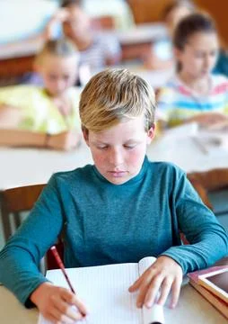 Student, boy and writing notes for learning in classroom, book and problem Foto stock