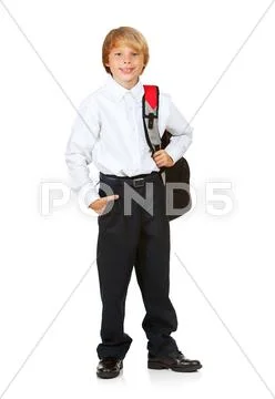 Student: boy with backpack and hand in pocket Stock Photos