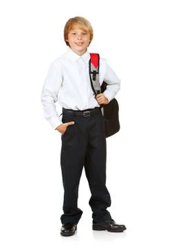 Student: boy with backpack and hand in pocket Stock Photos