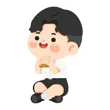 Student Boy Eating Sandwich During Break Time Stock Illustration