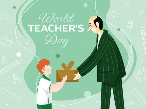 Student Boy Giving Gift to His Class Teacher on Green Education Elements Ba.. Illustrazione stock