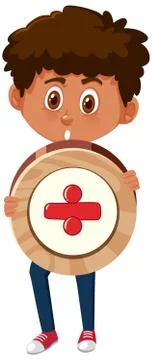 Student boy holding basic math symbol or sign cartoon character isolated on w Illustrazione stock