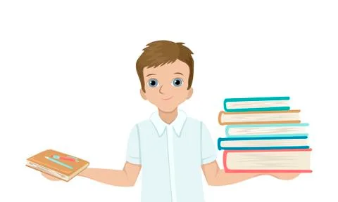 A student boy holds a notebook in one hand and a pile of large, heavy books in Stock Illustration