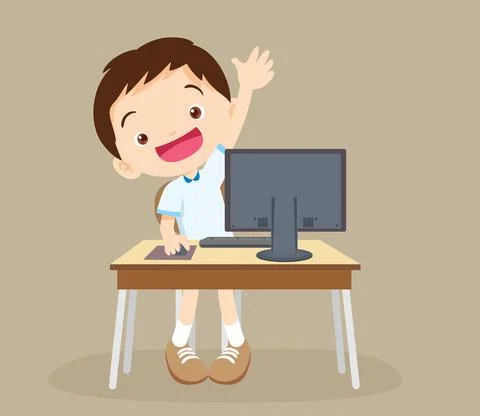 Student boy  learning computer hand up Illustrazione stock