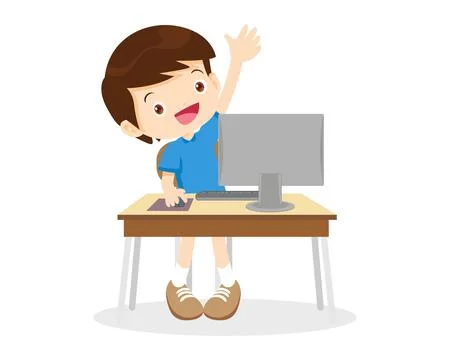 Student boy learning computer hand up Stock Illustration