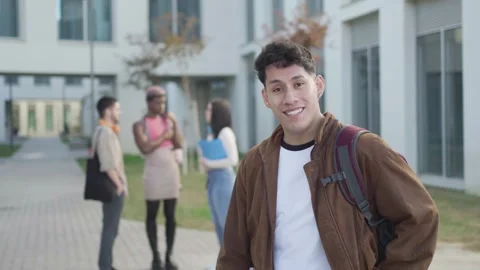 Student boy looking at camera while his friends are behind talking, in Stock Footage 263710304