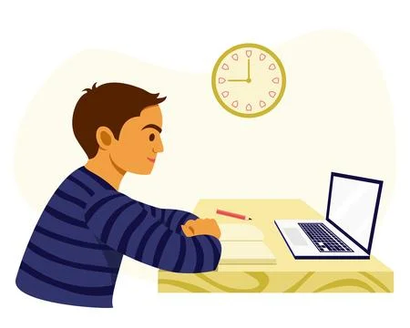 Student Boy Looking at Laptop for Online Learning Concept Illustration Stock Illustration
