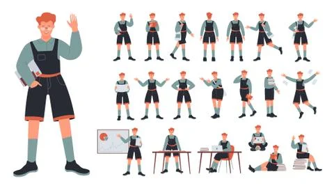 Student boy poses set, cartoon flat young male character standing in different 库存插图