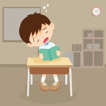 Student boy read a book but sleeping in classroom Stock Illustration