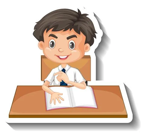 Student boy with school table cartoon Stock Illustration
